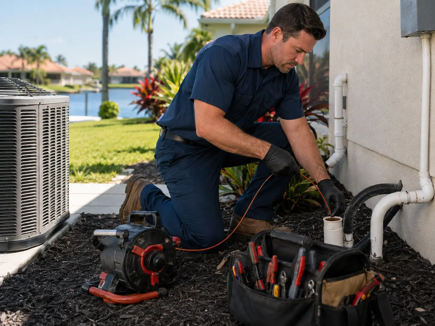 Technician clearing an air conditioner condensate drain line outside a home