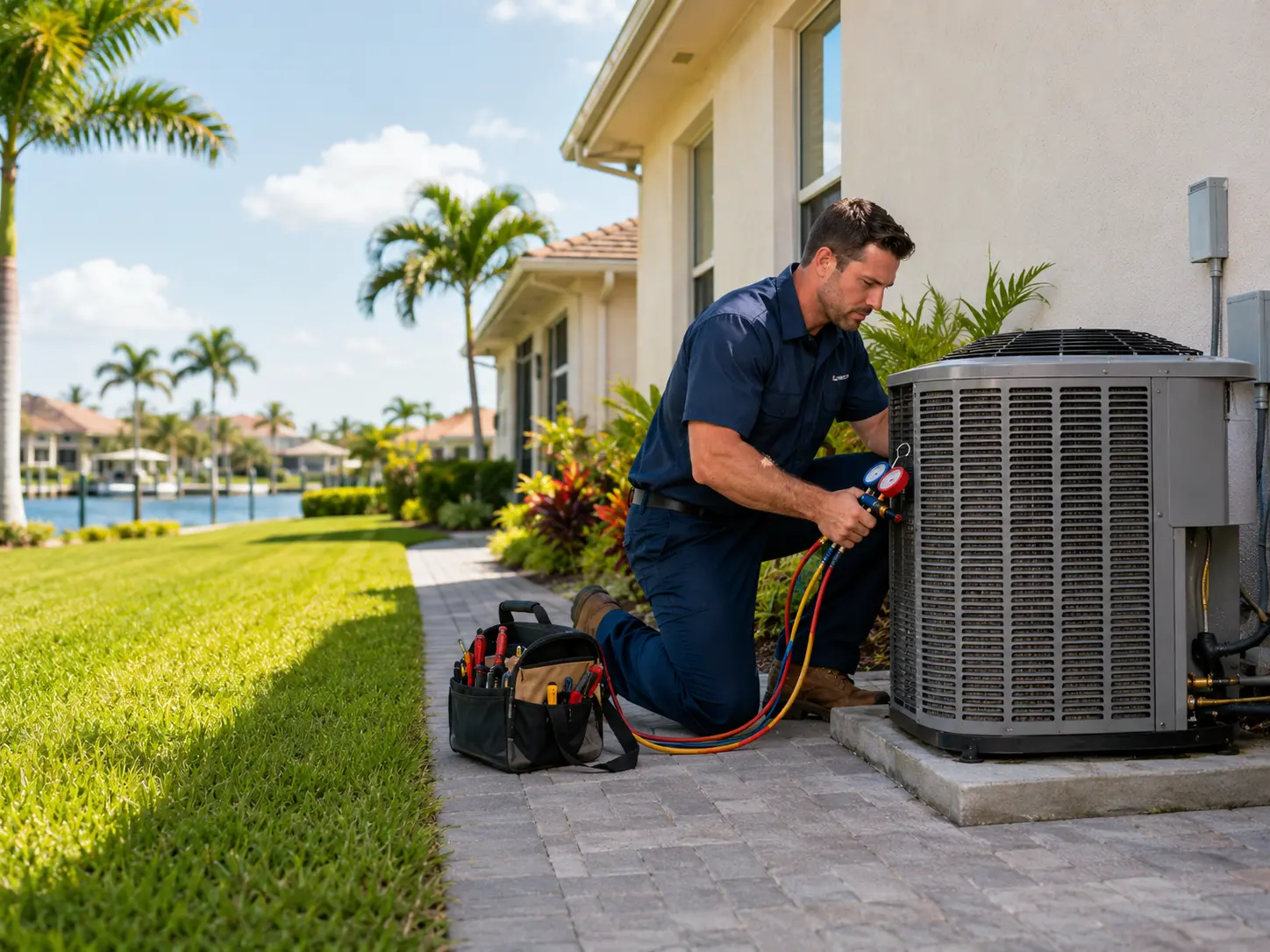 Technician checking air conditioner refrigerant pressures with gauges outdoors