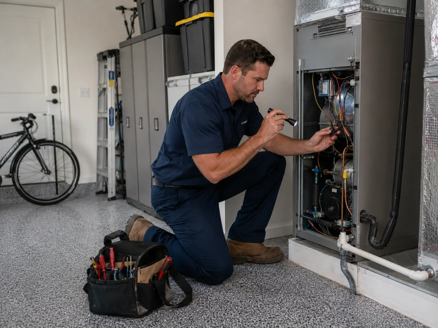 Technician inspecting a residential air handler with a flashlight