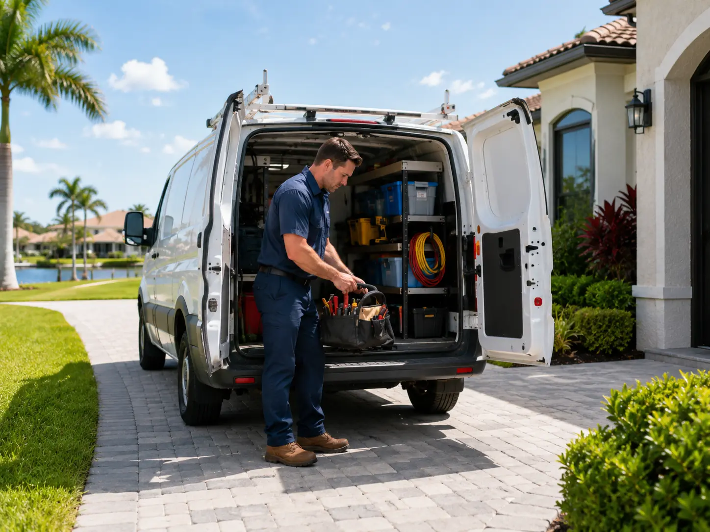 Technician taking tools from a service van in a Cape Coral driveway